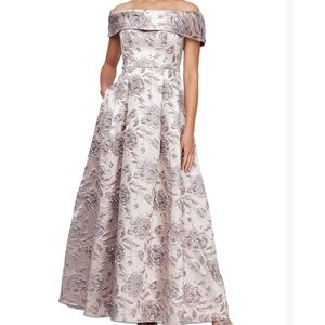 NWT Alex Evenings Metallic Floral Off the Shoulder Jacquard Gown, Size US 8
